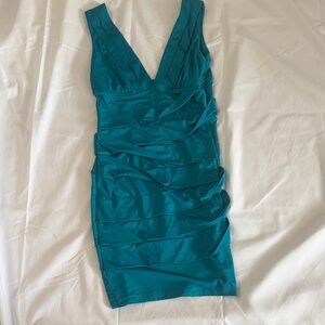 Forever 21 Teal Sleeveless Ruched V-Neck Bodycon Dress